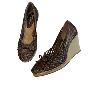 Dani Black Brown Leather Huarache Wedges, Sz 7.5